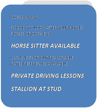 Rounded Rectangle: GOING AWAY?
NOBODY TO LOOK AFTER YOUR HORSES PONIES OR DONKEYS? 
HORSE SITTER AVAILABLE
CAN LIVE IN OR OUT.REASONABLE RATES.REFERENCES AVAILABLE.
PRIVATE DRIVING LESSONS
STALLION AT STUD


